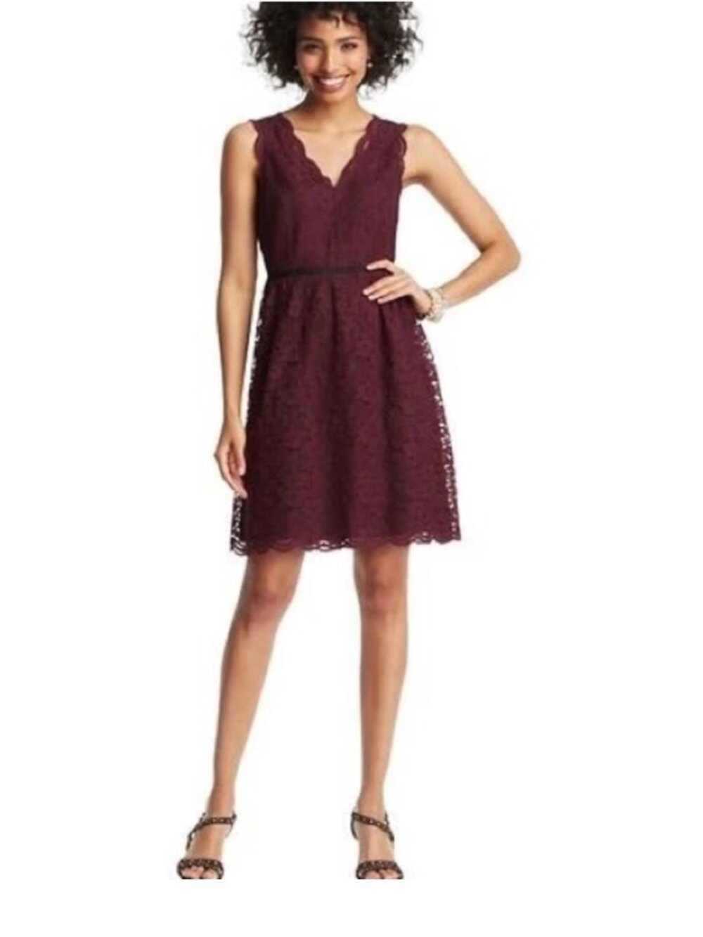 Ann Taylor LOFT Burgundy Lace Fit & Flare Cocktail Party Dress Size: 8